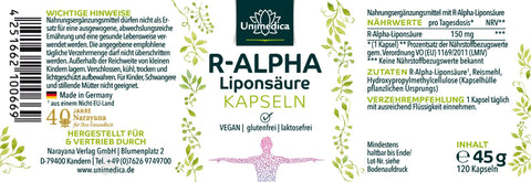R-Alpha-Liponsäure - 150 mg pro Tagesdosis - 120 Kapseln