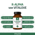 R-Alpha Liponsäure Kapseln von VITALOVE, braunes Glas mit weißem Etikett und Produktinfos