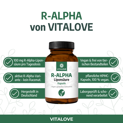 R-Alpha Liponsäure Kapseln von VITALOVE, braunes Glas mit weißem Etikett und Produktinfos