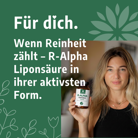 Frau hält VITALOVE R-Alpha Liponsäure Kapseln, Produktfoto mit grünem Werbe-Text