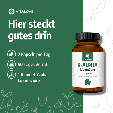VITALOVE R-Alpha-Liponsäure Kapseln Flasche, vegan, 100 mg, 50 Tage Vorrat, grüner Hintergrund