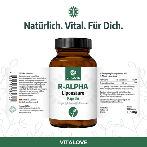 VITALOVE R-Alpha-Liponsäure Kapseln braunes Glas, vegan, Made in Germany, Nahrungsergänzungsmittel.
