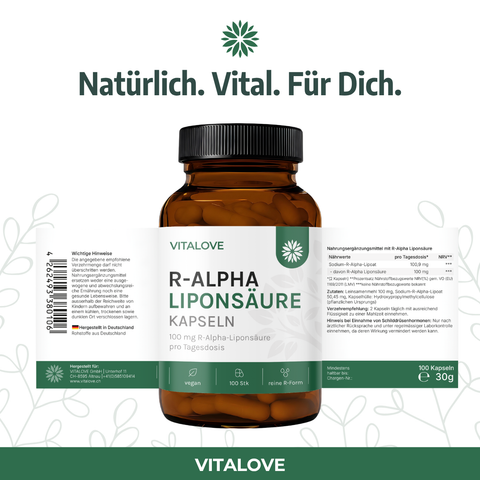 VITALOVE R-Alpha-Liponsäure Kapseln mit Verpackung und Produktinformationen