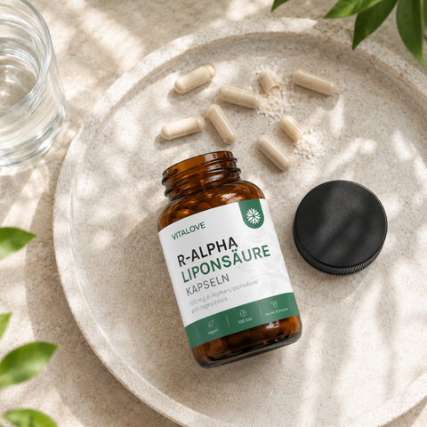 Geöffnete VITALOVE R-Alpha-Liponsäure Dose mit Kapseln