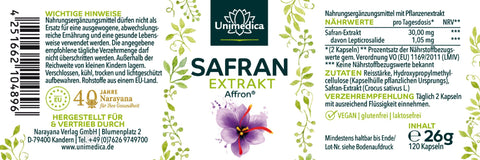 Safran Kapseln - mit 30 mg Affron® Safran-Extrakt pro Tagesdosis (2 Kapseln) - 3,5 % Lepticrosalide - 120 Kapseln