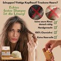 Frau mit trockenen, spröden Haaren, feste Shampoo-Seife, Text zu Schuppen, fettiger Kopfhaut, natürliche Haarpflege