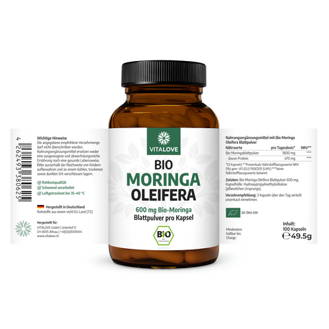 Bio Moringa Oleifera Kapseln – 100 Stück à 600 mg Blattpulver