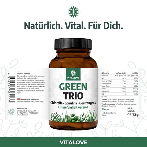 Green Trio – Chlorella, Spirulina & Gerstengras Tabletten (365 Tabs)