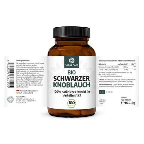Bio Schwarzer Knoblauch Extrakt 15:1 – 730 mg pro Kapsel – 120 vegane Kapseln