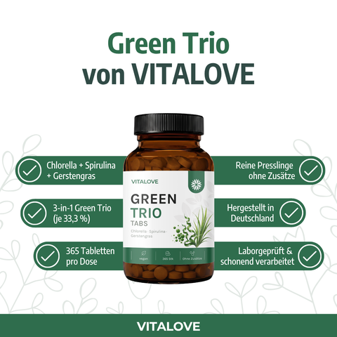VITALOVE-Green-Trio_Chlorella-Spirulina-Gerstengras-Presslinge