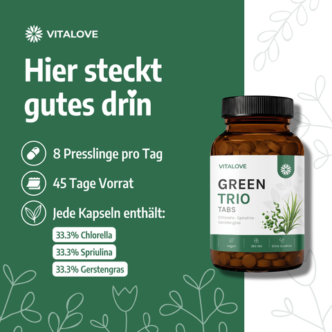 VITALOVE-Green-Trio_Chlorella-Spirulina-Gerstengras-Presslinge