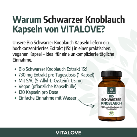 Bio Schwarzer Knoblauch Extrakt 15:1 – 730 mg pro Kapsel – 120 vegane Kapseln