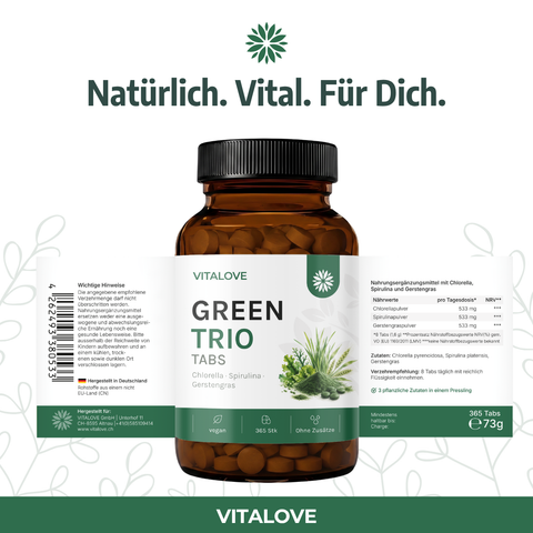 VITALOVE-Green-Trio_Chlorella-Spirulina-Gerstengras-Presslinge