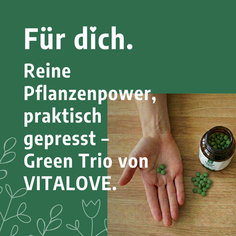VITALOVE-Green-Trio_Chlorella-Spirulina-Gerstengras-Presslinge