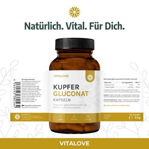 VITALOVE Kupfer Gluconat Kapseln mit Verpackung und Produktinformationen
