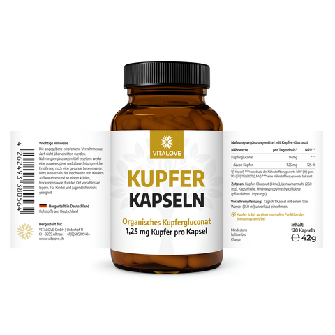 Kupfer Kapseln 120 Stück – organisches Kupfergluconat (1,25 mg Kupfer pro Kapsel)