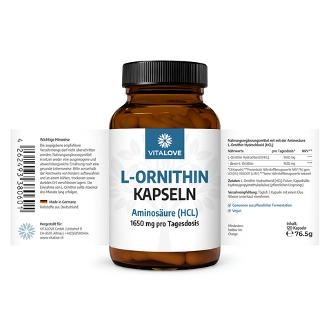 L-Ornithin Kapseln 1650 mg (HCL) – 120 vegane Kapseln - Aminosäure aus pflanzlicher Fermentation