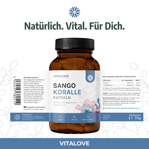 Vitalove Sango Koralle Kapseln mit Verpackungsansicht und Produktinformationen
