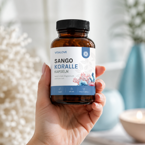 Vitalove Sango Koralle Kapseln in einer Hand