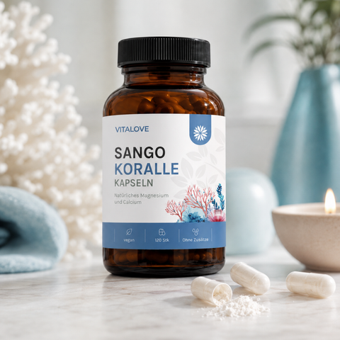 Vitalove Sango Koralle Kapseln mit einzelnen Kapseln und Pulver