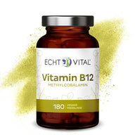 Braunes Glas mit Echt Vital Vitamin B12 Methylcobalamin, 180 vegane Presslinge