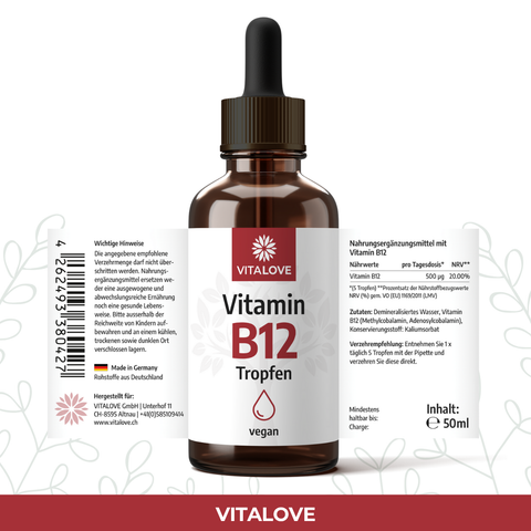 VITALOVE Vitamin B12 Tropfen Flasche vegan 50ml Nahrungsergänzungsmittel Etikett deutsch