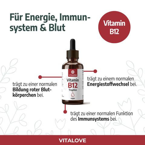 Vitamin B12 Tropfen von VITALOVE, veganes Nahrungsergänzungsmittel für Energie, Immunsystem und Blut