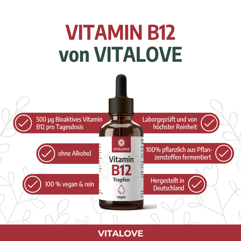 Vitamin B12 Tropfen von VITALOVE, vegan, bioaktiv, ohne Alkohol, hergestellt in Deutschland