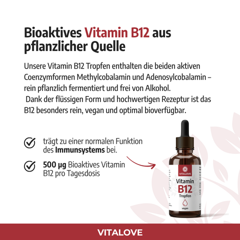 VITALOVE Vitamin B12 Tropfen vegan pflanzlich, 500 µg pro Tagesdosis, Immunfunktion
