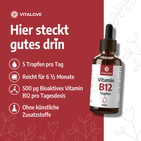 VITALOVE Vitamin B12 Tropfen Flasche auf rotem Hintergrund mit Produktinfos