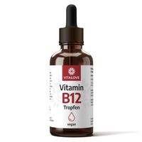 VITALOVE Vitamin B12 Tropfen Flasche vegan, Nahrungsergänzung mit Pipette auf weißem Hintergrund