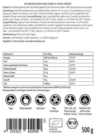 Rückseite Vitanur Bio Brotbackmischung Dinkel Hafer Gekeimt 500g, Zutaten, Nährwerte, Bio-Siegel