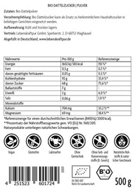 Rückseite einer 500g Bio Dattelzucker Pulver Packung mit Nährwertangaben und Bio-Siegeln.