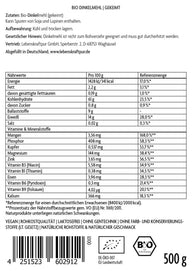 Rückseite einer 500g Vitanur Bio Dinkelmehl Gekeimt Packung mit Nährwerttabelle, Zutaten und Bio-Siegel.