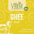 Vitanur Bio Ghee Kuh 500g gelbes Etikett mit Nährwerttabelle, Kuh-Illustration und Bio-Siegel