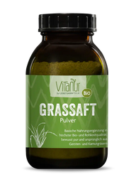 Vitanur Bio Grassaft Pulver 170g im braunen Glas, grünes Etikett, Nahrungsergänzung