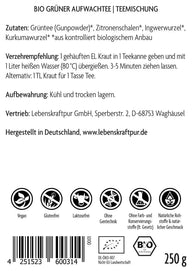 Rückseite Vitanur Bio Grüner Aufwachtee 250g, Zutatenliste, Zubereitung, Bio- und Vegan-Symbole