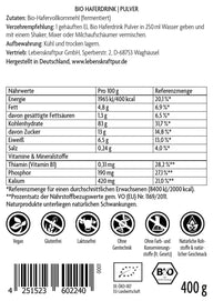 Rückseite der Vitanur Bio Haferdrink Pulver 400g Packung mit Nährwerttabelle und Bio-Siegeln