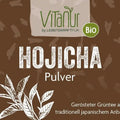 Vitanur Bio Hojicha Pulver 80g, braunes Etikett mit Bio-Siegel, japanischer grüner Tee, vegan, glutenfrei.