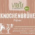 Vitanur Bio Knochenbrühe Pulver 150g Verpackung, Nährwerttabelle, Rinder-Illustration, Bio-Siegel
