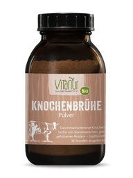 Vitanur Bio Knochenbrühe Pulver 150g im braunen Glas mit Etikett und schwarzem Deckel