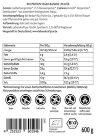 Vitanur Bio Protein Vegan Banane Pulver 600g Rückseite mit Zutaten, Nährwerttabelle und vegan, glutenfrei, laktosefrei Symbolen.