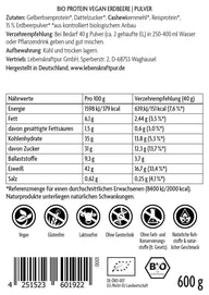 Vitanur Bio Protein Vegan Erdbeere Pulver Rückseite, Zutaten, Nährwerte, 600g, vegan, glutenfrei
