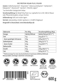 Rückseite Vitanur Bio Protein Vegan Plus Pulver 600g, Zutatenliste, Nährwerttabelle, Bio-Siegel