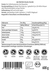 Vitanur Bio Protein Vegan Pulver Rückseite mit Nährwerttabelle, Zutaten und veganen Icons, 600g