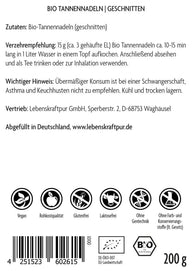 Rückseite der Vitanur Bio Tannennadeln geschnitten 200g Packung, Zutaten und Symbole für vegan, Rohkost, glutenfrei, laktosefrei, ohne Gentechnik, ohne Zusatzstoffe.