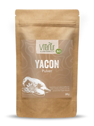 Vitanur Bio Yacon Pulver 200g Beutel, braune Verpackung mit Yacon-Wurzel-Illustration