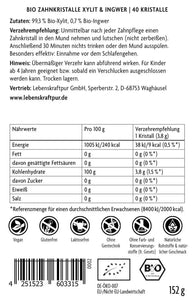 Rückseite Vitanur Bio Zahnkristalle Xylit Ingwer, Zutaten, Nährwerte, vegan, glutenfrei, BIO-Siegel