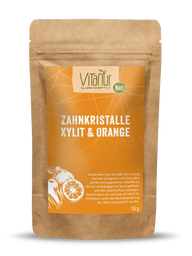Vitanur Bio Zahnkristalle Xylit Orange 152g Doypack, braune Verpackung mit Orangenbild
