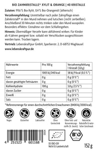 Vitanur Bio Zahnkristalle Xylit Orange Produktetikett mit Nährwerttabelle und Bio-Siegel